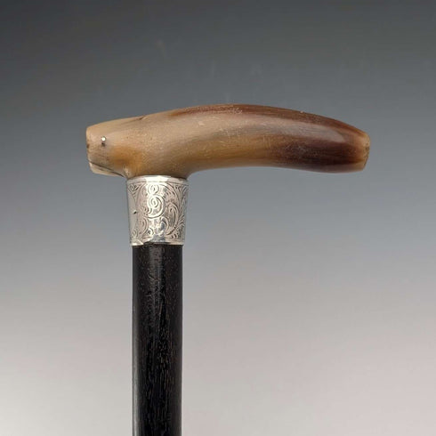 1904年英國古董黑軸牛角手柄純銀裝飾手杖,長90厘米