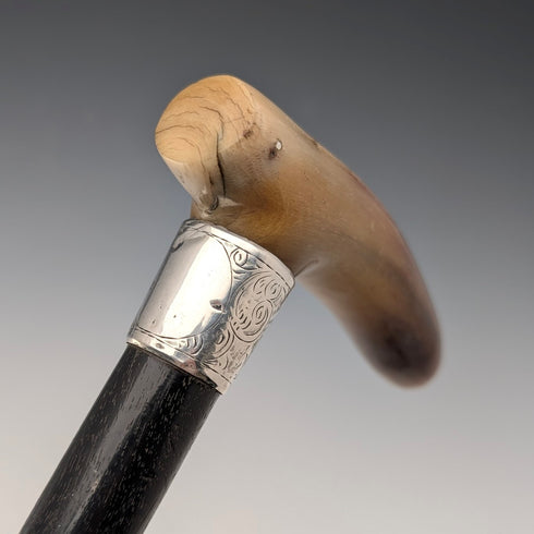 1904年 英国アンティーク ブラックシャフト ホーンクラッチハンドル 純銀装飾 ステッキ 杖 90cm