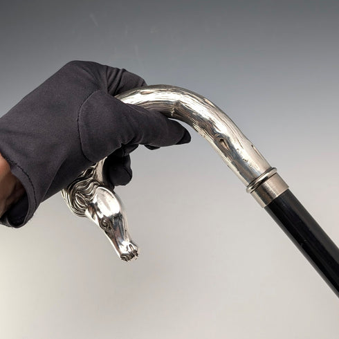 義大利復古黑色桿身純銀馬頭形手柄手杖,82厘米