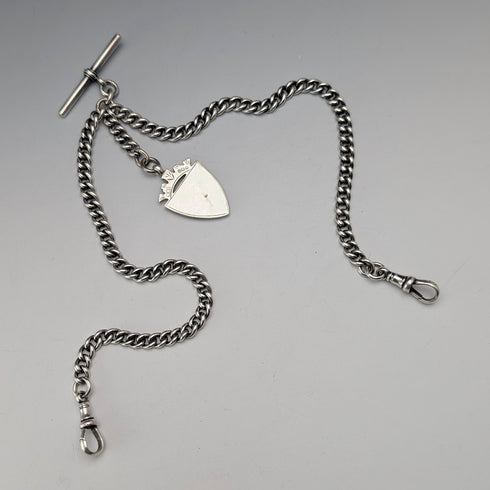 Antique British Sterling Silver Double Albert Chain, 43g, Sterling Silver Medal Fob