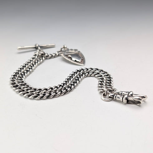 Antique British Sterling Silver Double Albert Chain, 43g, Sterling Silver Medal Fob
