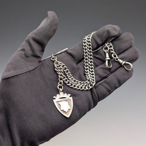 Antique British Sterling Silver Double Albert Chain, 43g, Sterling Silver Medal Fob