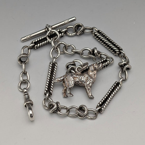 Antique British Fancy Link Sterling Silver Albert Chain, 46g, Dog Fob