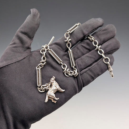 古董英式精美純銀阿爾伯特鏈,46克,配狗形吊墜