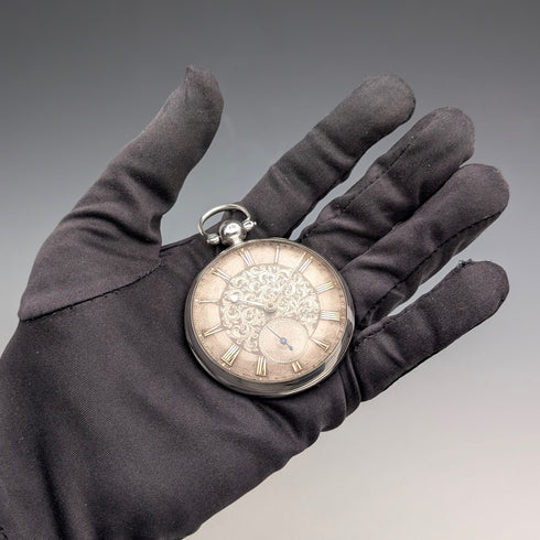 1839 British antique pocket watch with decorative dial and key winding mechanism, 52mm diameter, in good working order