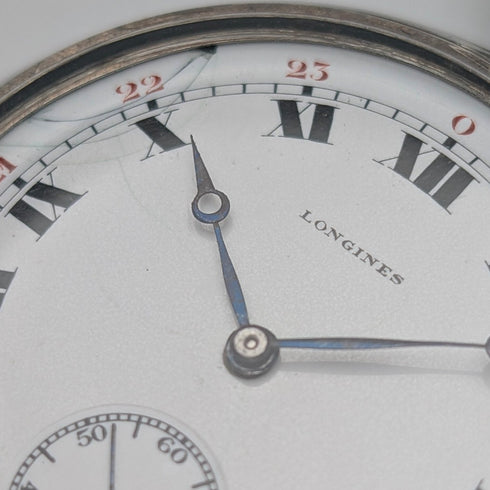 Circa 1919 Antique Longines Pocket Watch, Pure Silver Open Face, Working Good Condition