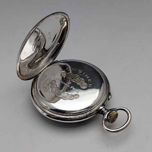 Circa 1919 Antique Longines Pocket Watch, Pure Silver Open Face, Working Good Condition