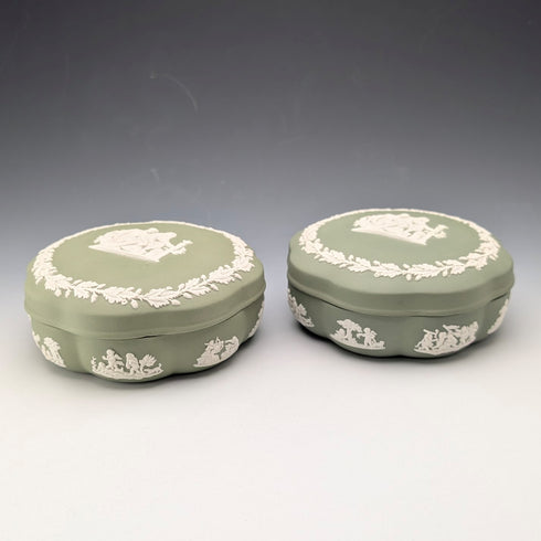 Vintage British Wedgwood Jasperware Round Lidded Boxes, Pair, Sage Green