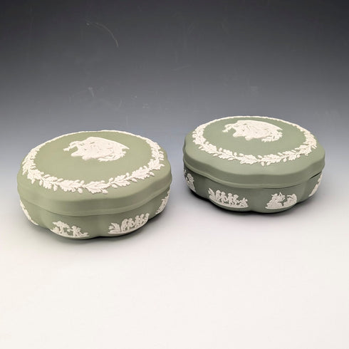 Vintage British Wedgwood Jasperware Round Lidded Boxes, Pair, Sage Green