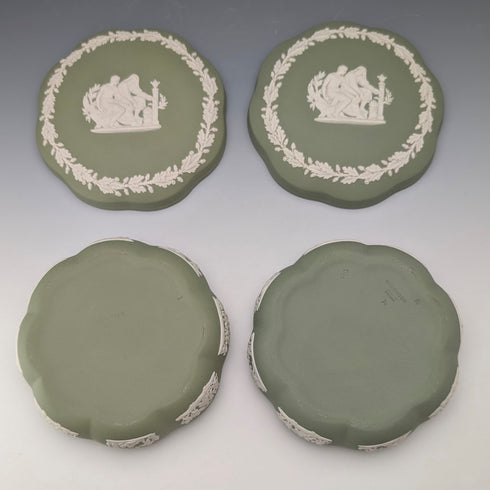 Vintage British Wedgwood Jasperware Round Lidded Boxes, Pair, Sage Green