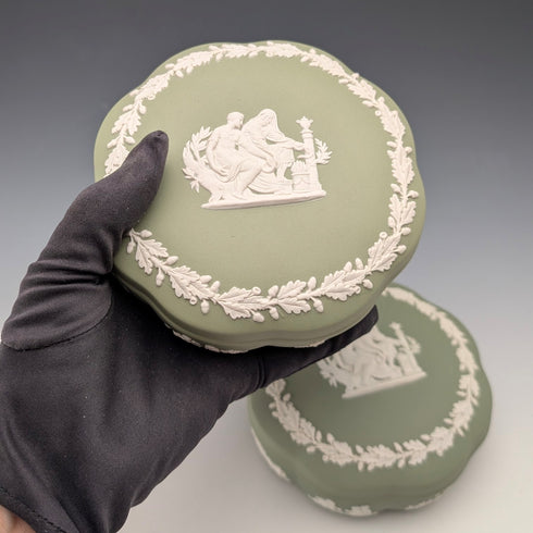 Vintage British Wedgwood Jasperware Round Lidded Boxes, Pair, Sage Green