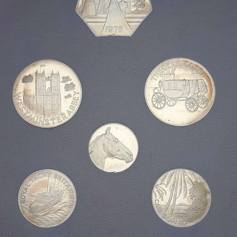 1973年安妮公主婚禮紀念套裝,6枚純銀幣,50克銀,由Ppbjoy Mint Ltd發行