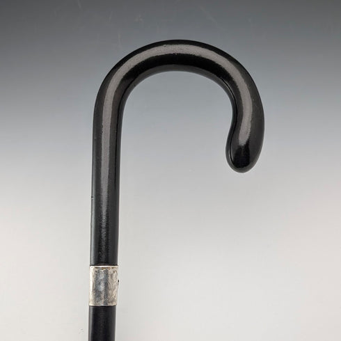 1924年 英国アンティーク 黒軸 曲がりハンドル 純銀装飾 ステッキ 杖 91cm J Howell&Co