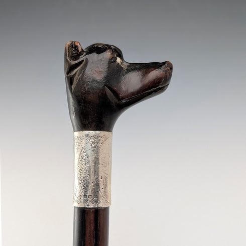 1935年英國復古棕色桿身狗頭形手柄純銀手杖,86厘米,喬納森·豪厄爾