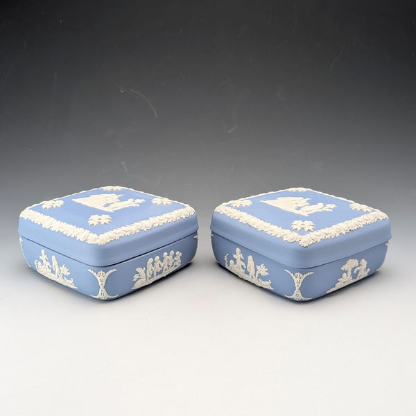 Vintage British Wedgwood Jasperware Square Lidded Boxes, Pair, Pale Blue