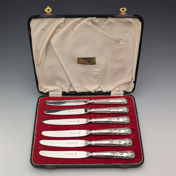 Circa 1961 British Vintage Sterling Silver Handle Tea Knife Set of 6 in Viner's Case