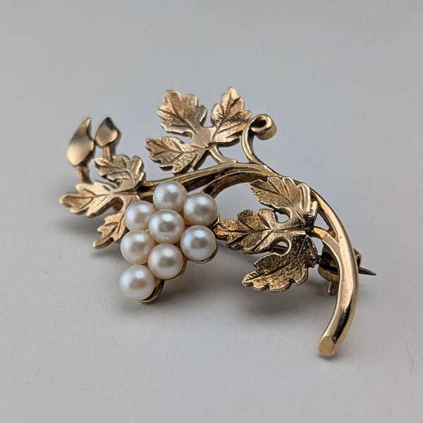 Antique 9ct Gold & Pearl Grape Brooch in Case