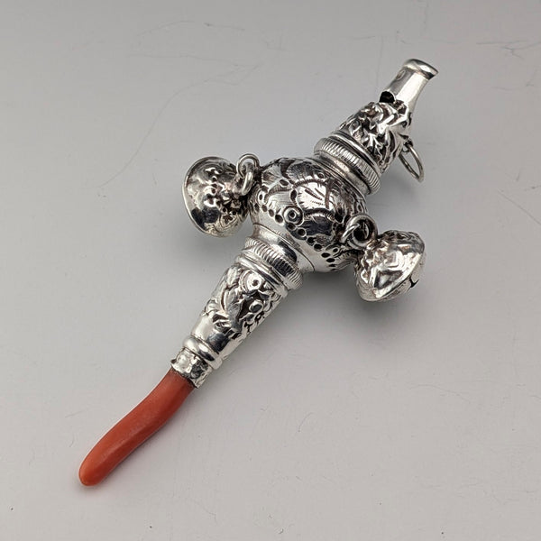 Antique British Sterling Silver "Coral & Bell" Baby Rattle, Whistle, Pacifier