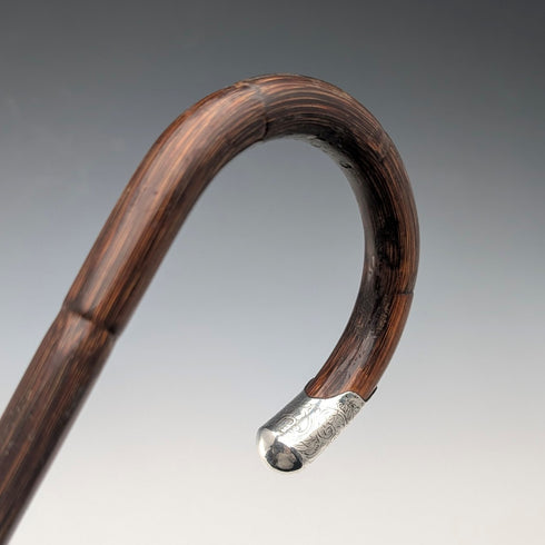 1910 British Antique Brown Shaft, Curved Handle, Pure Silver Decorated Lightweight Walking Stick, 90cm