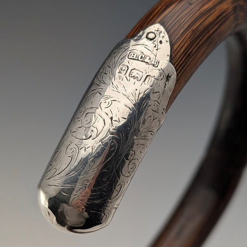 1910 British Antique Brown Shaft, Curved Handle, Pure Silver Decorated Lightweight Walking Stick, 90cm