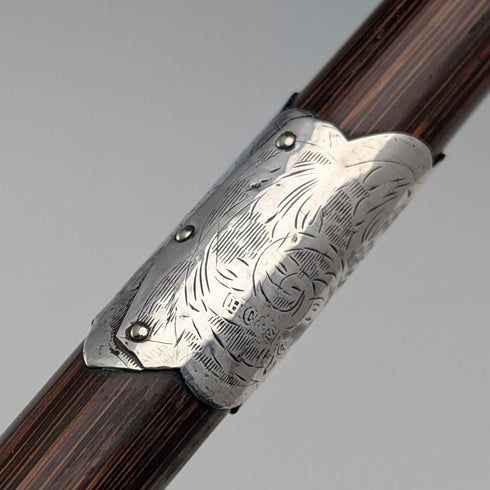 1910 British Antique Brown Shaft, Curved Handle, Pure Silver Decorated Lightweight Walking Stick, 90cm