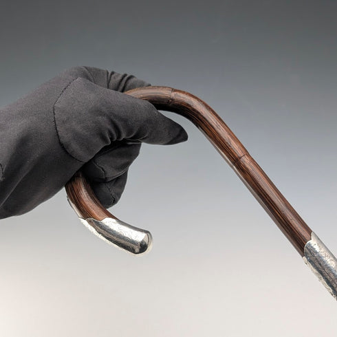 1910 British Antique Brown Shaft, Curved Handle, Pure Silver Decorated Lightweight Walking Stick, 90cm