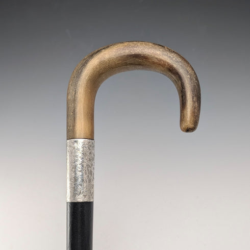 1927 British Antique Black Shaft Horn Handle Sterling Silver Walking Stick 84cm