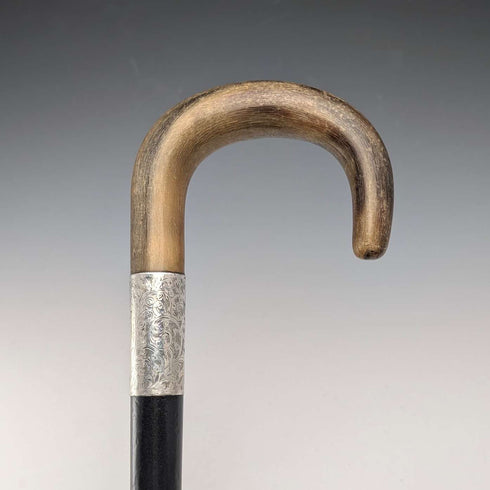 1927年英國古董黑軸牛角柄純銀手杖,長84厘米