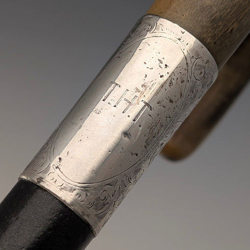 1927 British Antique Black Shaft Horn Handle Sterling Silver Walking Stick 84cm
