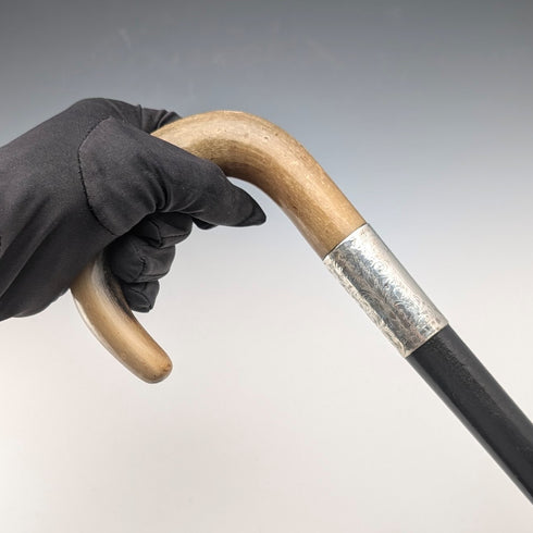 1927 British Antique Black Shaft Horn Handle Sterling Silver Walking Stick 84cm