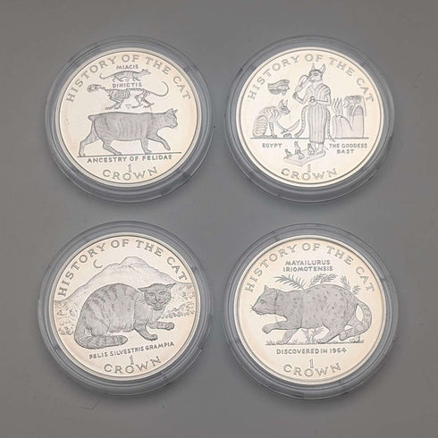 英國曼島銀克朗硬幣,貓歷史系列:一套4枚,PobjoyMint出品,帶盒子和說明書