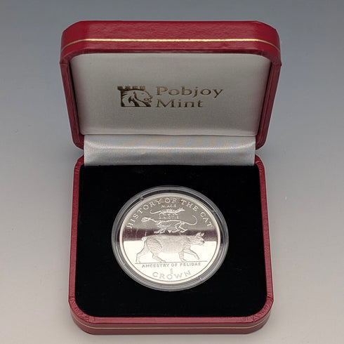 英國曼島銀克朗硬幣“貓的歷史:Miacis dinichtis”,PobjoyMint 出品,含包裝盒和說明書