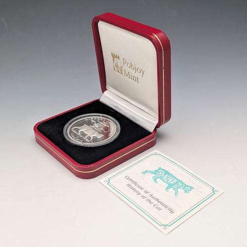英國曼島銀克朗硬幣“貓的歷史:Miacis dinichtis”,PobjoyMint 出品,含包裝盒和說明書