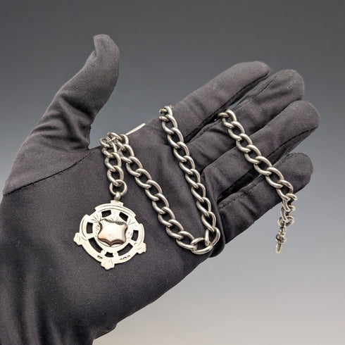 1905年頃 英国ヴィンテージ 純銀製アルバートチェーン 54g 純銀メダルフォブ