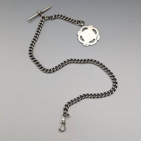 約1930年英國古董純銀阿爾伯特鏈,重38克,配純銀獎章吊墜