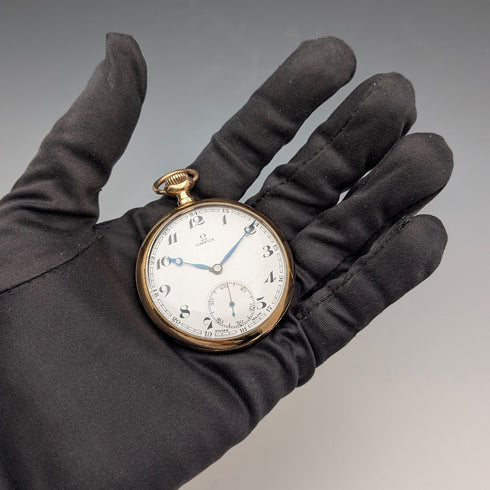 約1935年產歐米茄古董懷錶,鍍金開面,丹尼森錶殼,走時良好