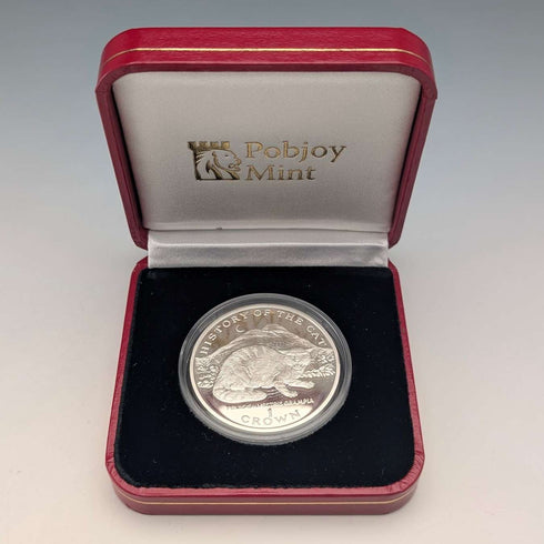 英國曼島銀質克朗硬幣“貓的歷史:歐洲野貓”,由PobjoyMint發行,附帶包裝盒和說明書