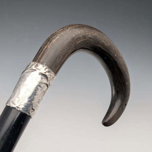 1902年英國古董黑軸牛角柄純銀裝飾手杖,長90厘米