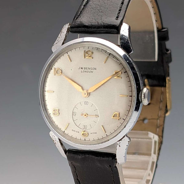 British vintage JW Benson men's mechanical wristwatch with alloy case, 15 jewels, in good working order