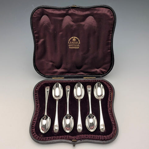 1897 British Antique Sterling Silver Teaspoons, Set of 6, 60g, Josiah Williams, with Case