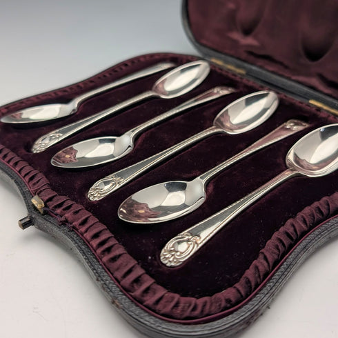 1897 British Antique Sterling Silver Teaspoons, Set of 6, 60g, Josiah Williams, with Case