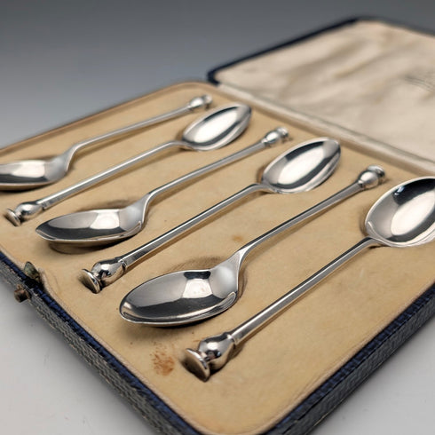 1932 British Vintage Sterling Silver Teaspoons, Set of 6, 88g, Mappin & Webb, in Case