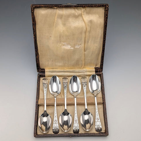 1893 British Antique Sterling Silver Teaspoons, Set of 6, 90g, John Round & Son, in Case