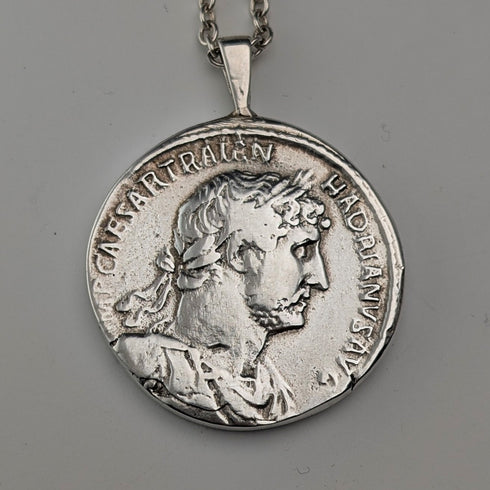British Vintage Sterling Silver Ancient Roman Coin Replica Pendant with Sterling Silver Necklace, 28g Total