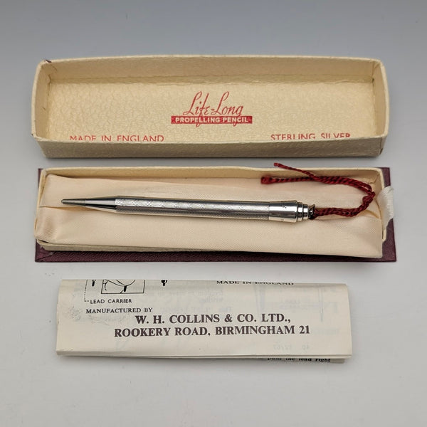 British Vintage Lifelong Sterling Silver Small Mechanical Pencil with Paper Box and Leaflet