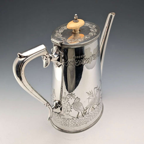1903 British Antique Japonism Style Silver Plate Coffee Pot, Walker & Hall