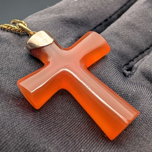 古董橙色琥珀十字架吊墜,配項鍊