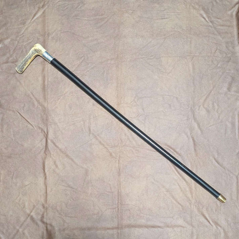 Antique black shaft, sterling silver embellishment, antler L-handle walking stick, 86cm
