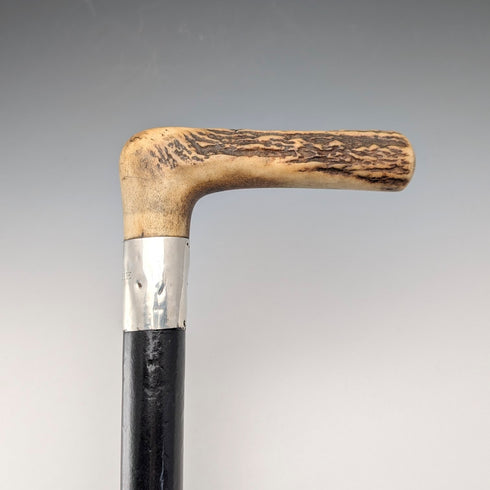 Antique black shaft, sterling silver embellishment, antler L-handle walking stick, 86cm