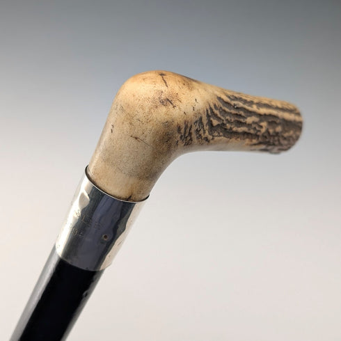 Antique black shaft, sterling silver embellishment, antler L-handle walking stick, 86cm